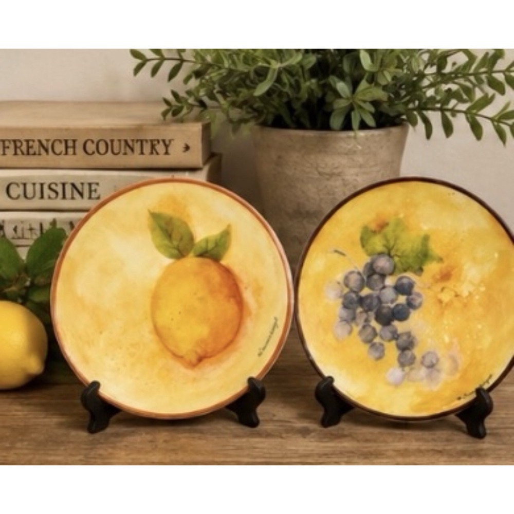 Susan Winget Fruit Plates (2)  Lemon Grapes Tuscan French Country Decor 4 3/4"